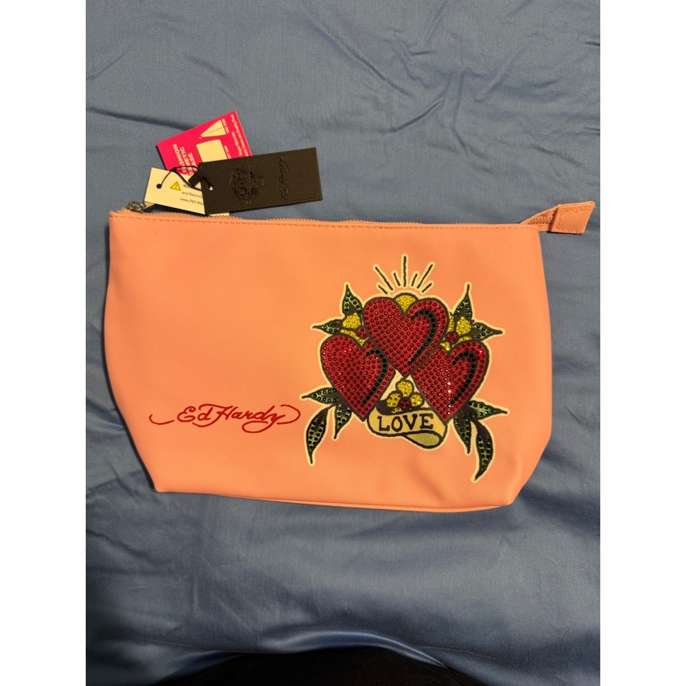 Ed Hardy Peach Orange Heart Love Tattoo Cosmetic Bag Makeup Pouch NWT Rhinestone